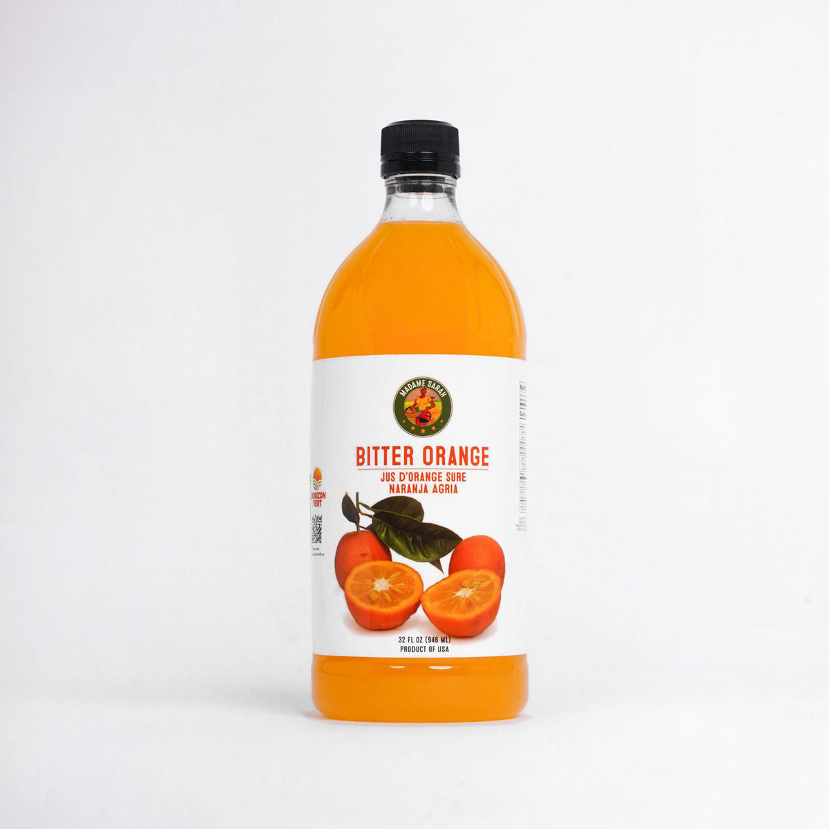 Bottle of Madame Sarah bitter orange juice on a white background