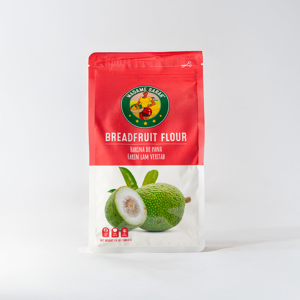 Bag of Madame Sabina Breadfruit Flour with a red label and breadfruit image on a white background