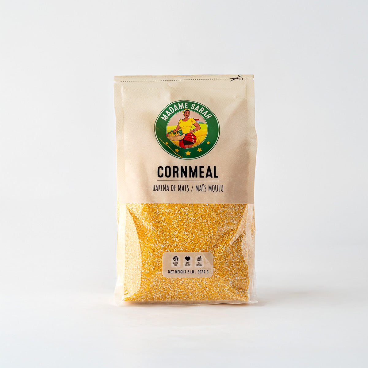 Front view of package of Madame Sarah cornmeal. 