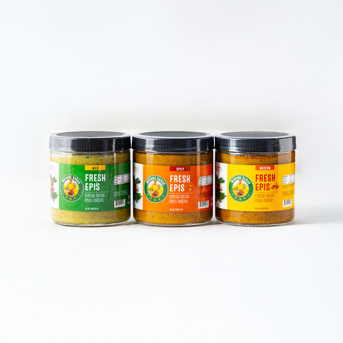 Three jars of Madame Sarah Fresh Epis on a white background