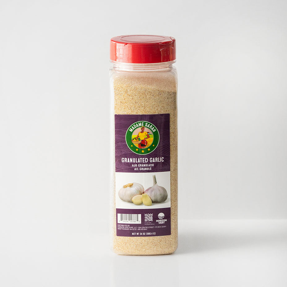 Madame Sarah granulated garlic bottle on white background