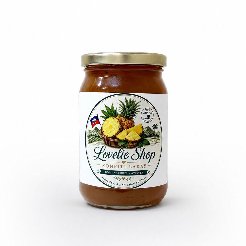 Front view of a jar of Haitian Pineapple Konfiti