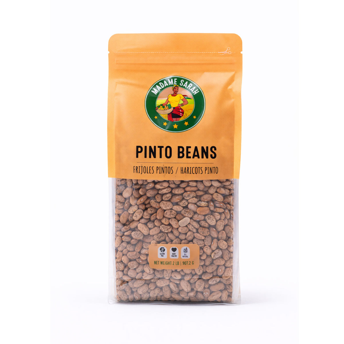 Packaged Madame Sarah pinto beans on a white background