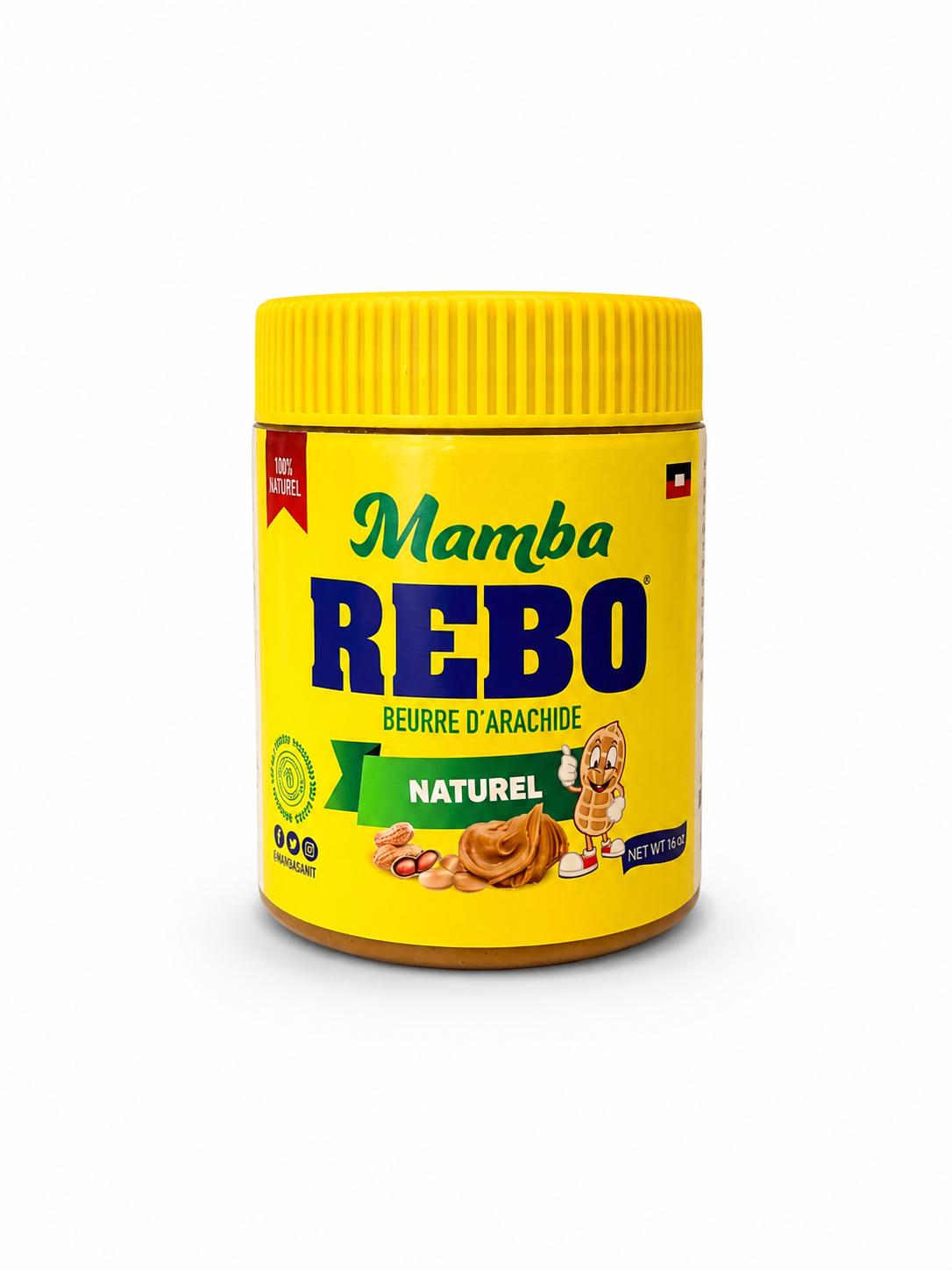 Front view of jar of REBO Manba, natural Haitian peanut butter